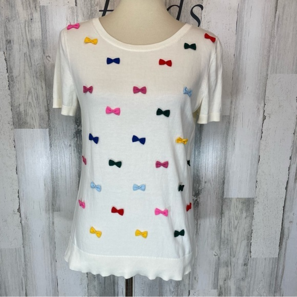 Talbots Off White Colorful Bow Scoop Neck Short Sleeve Knit Shirt Top Blouse M